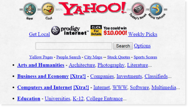 Yahoo’s main page from 1994. Courtesy of CNN