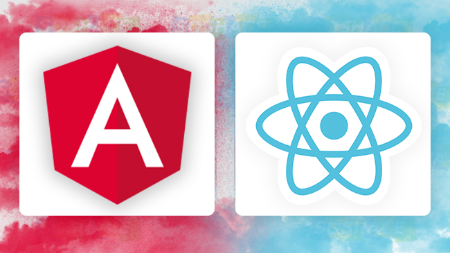 artwork depicting icons of React and Angular lined up against each other