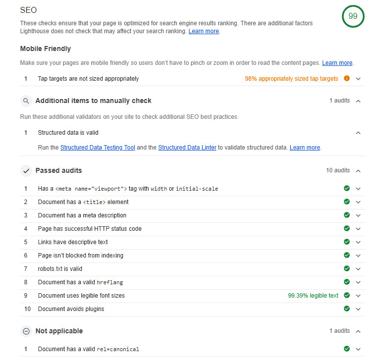 Screenshot of how soshace.com performs in Google Lighthouse SEO-wise