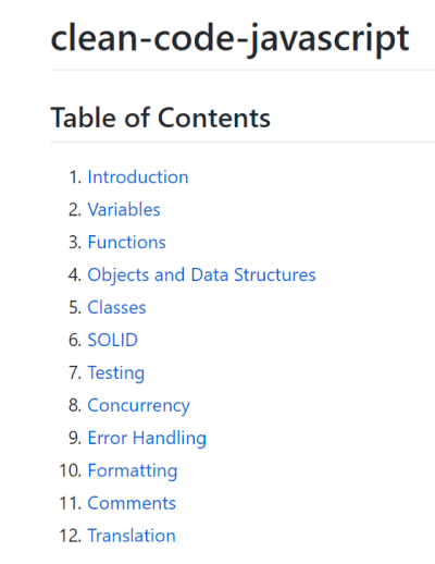 Clean Code JS Table of Contents