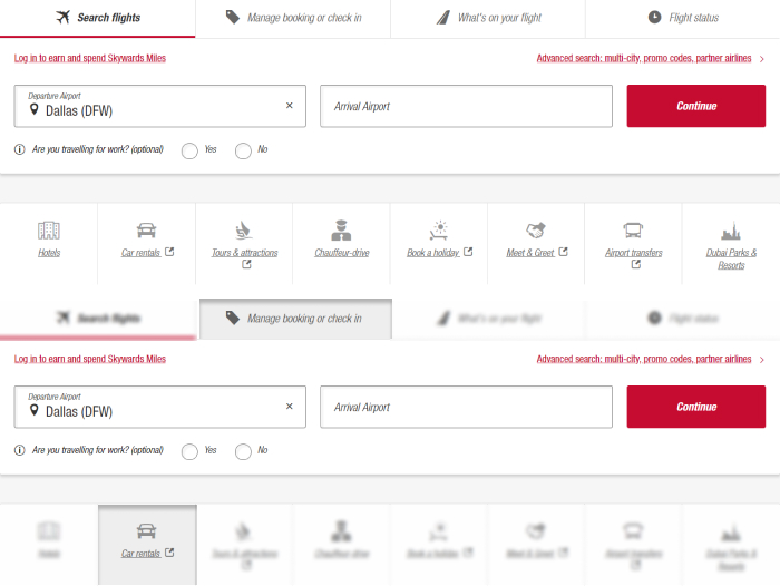 Emirates Example. Top -- how designers design; bottom -- how users use {here, a user wants to manage their booking and rent a car, everything else -- doesn't matter}
