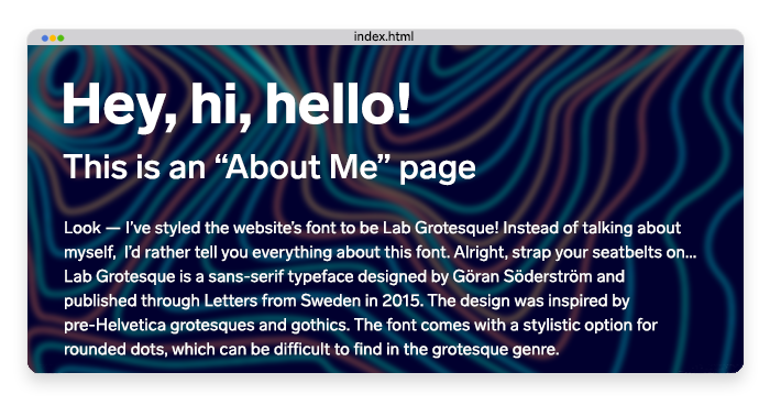 a stylized "About me" page using HTML and CSS