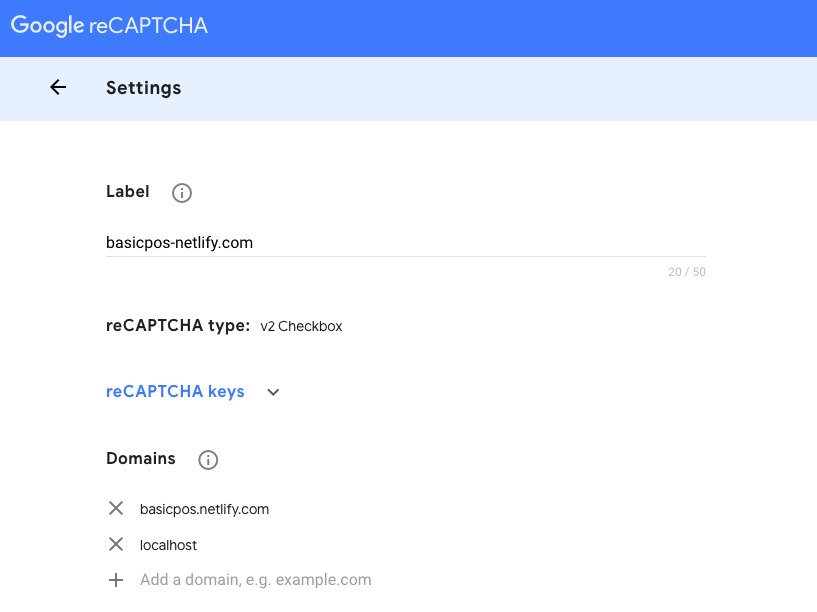 Google Recaptcha setting domain page