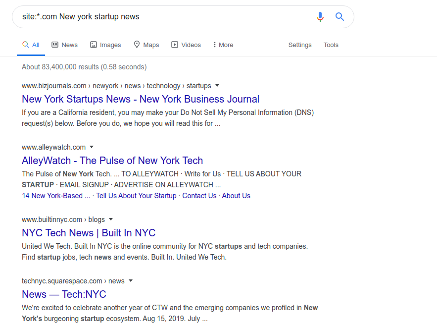 Using the site command to find press sites that have written about Startup in New York