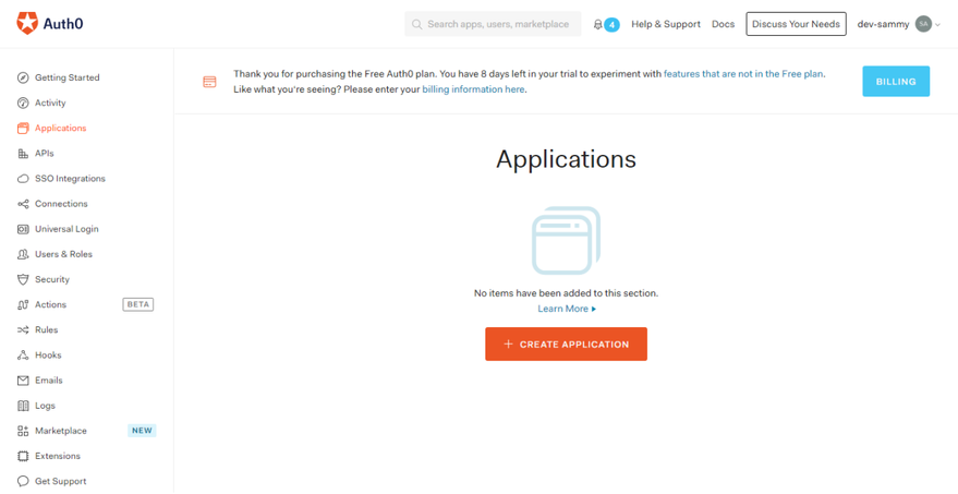 Auth0 dashboard - Create Application