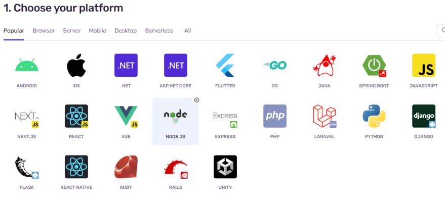 Nest.js, Sentry. Select the platform you want to use