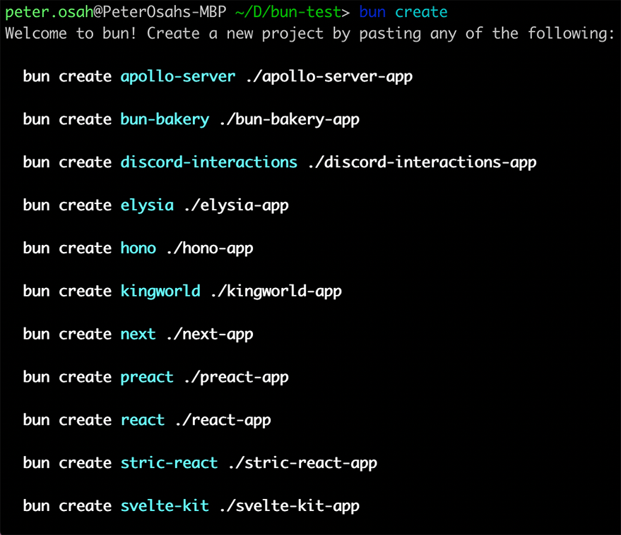 Commands to create projects of different types
