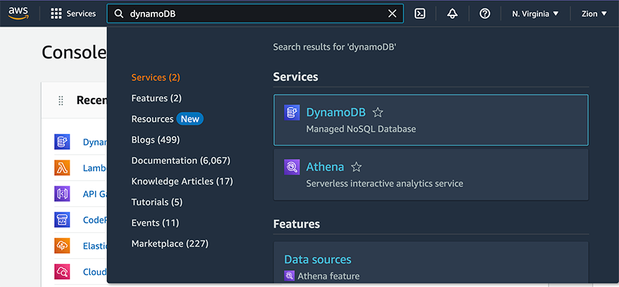 Search for "DynamoDB" into search the box