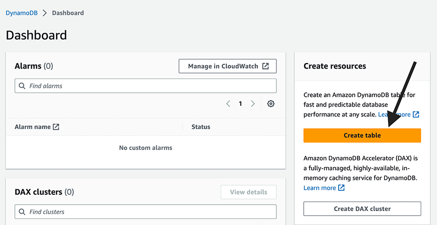 "Create table" button to create a new DynamoDB table