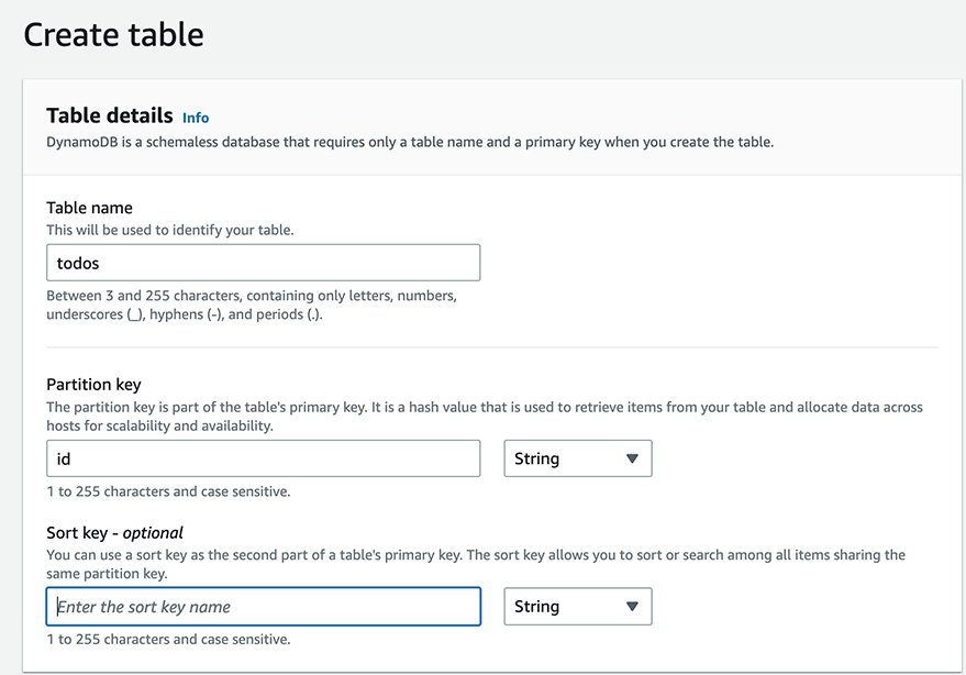 "Create table" tab