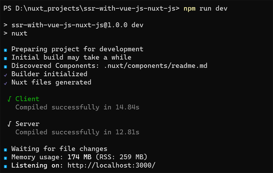 Initiate the Nuxt.js development server using npm run dev