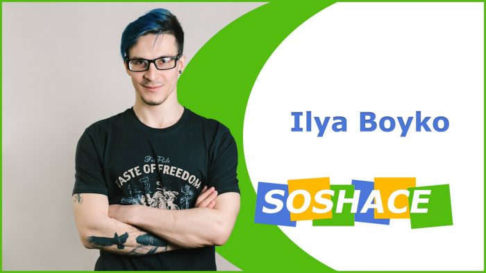My name is Ilya / and I'm a professional JavaScript developer / with experience in both / front-end and back-end Areas.
