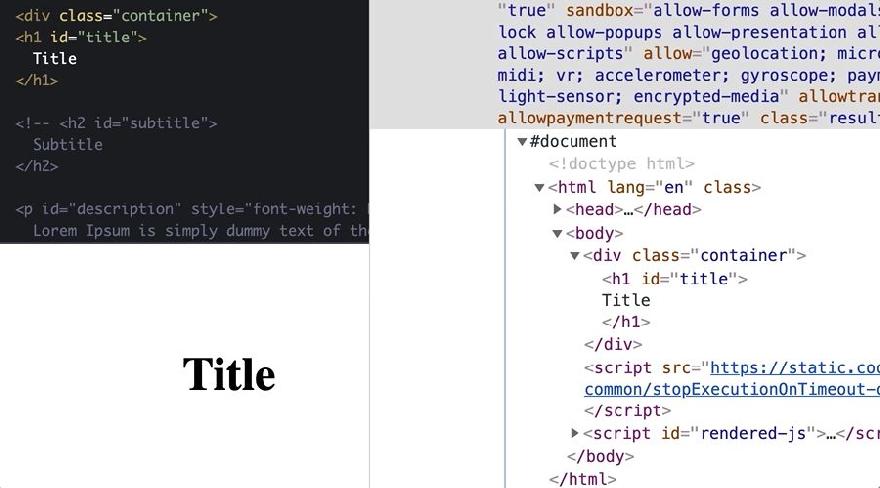 HTML view, browser view, and devtool view of the H1 element.