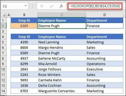 XLOOKUP for search and display an employee’s information based on their ID