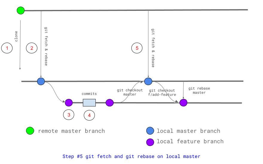 Step 5 git fetch and git rebase (on the master branch)