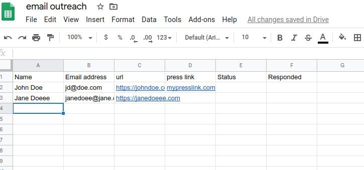 A Google sheet to keep track of the outreach