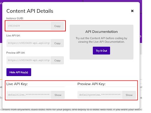 Agility. Content API details, form