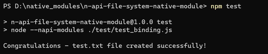 Running npm test command will now execute test_binding.js file to write data to a file
