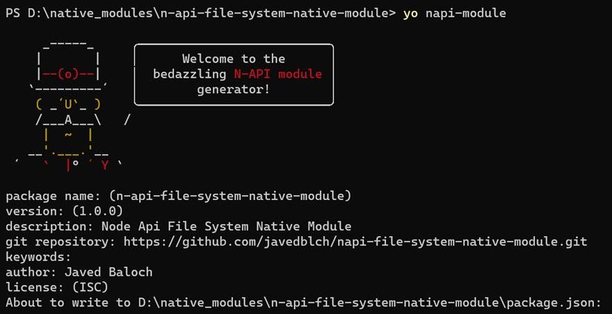 Run yo napi-module and follow the prompts to configure your project.